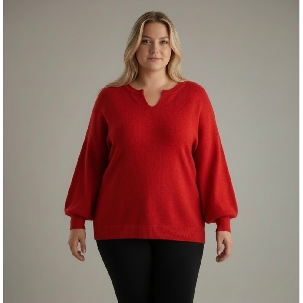 Lily Morgan Plus Size 3X Red V Neck‎ Balloon Sleeve Knit Sweater